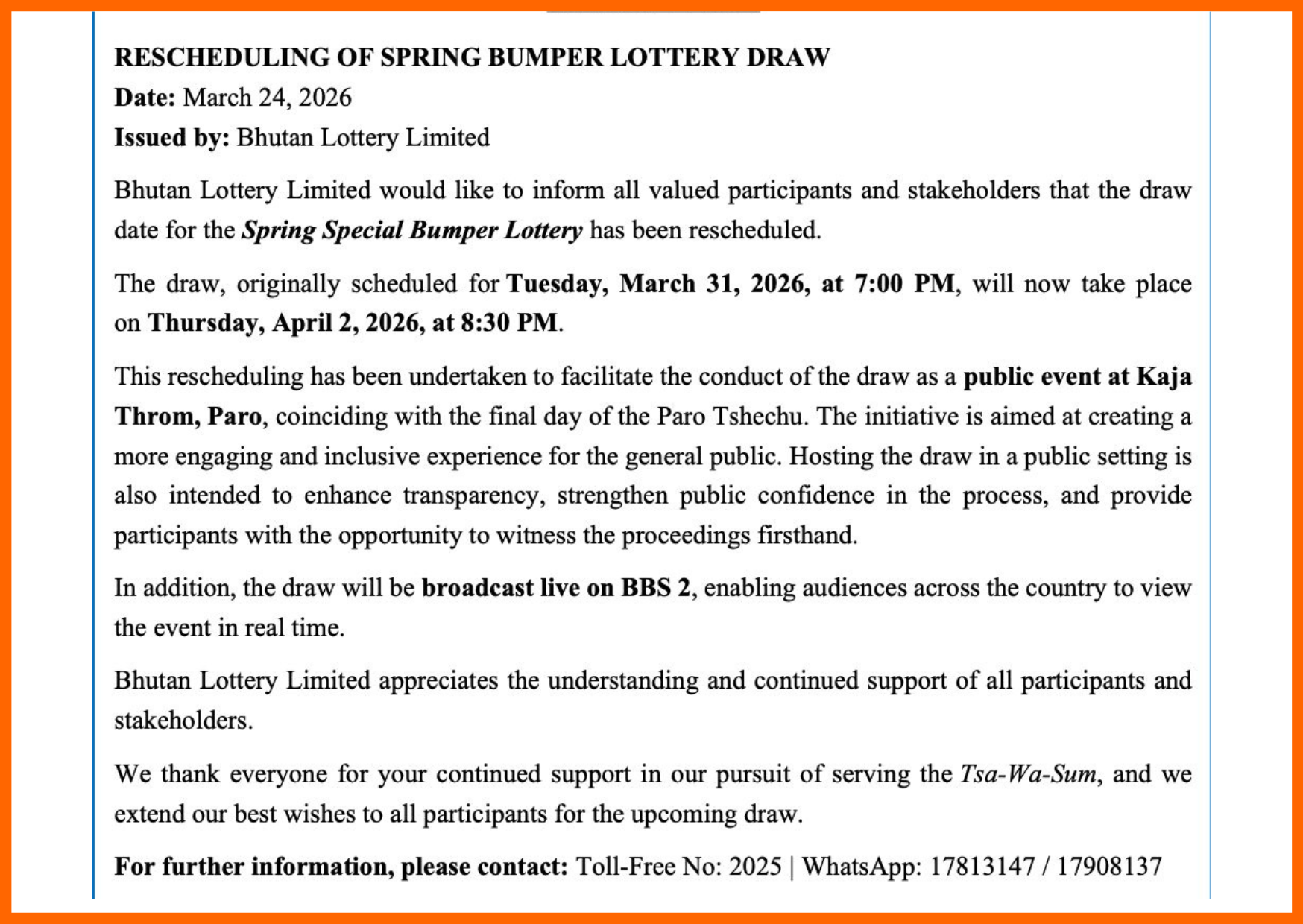 Rescheduling of Spring Bumper Lottery Draw